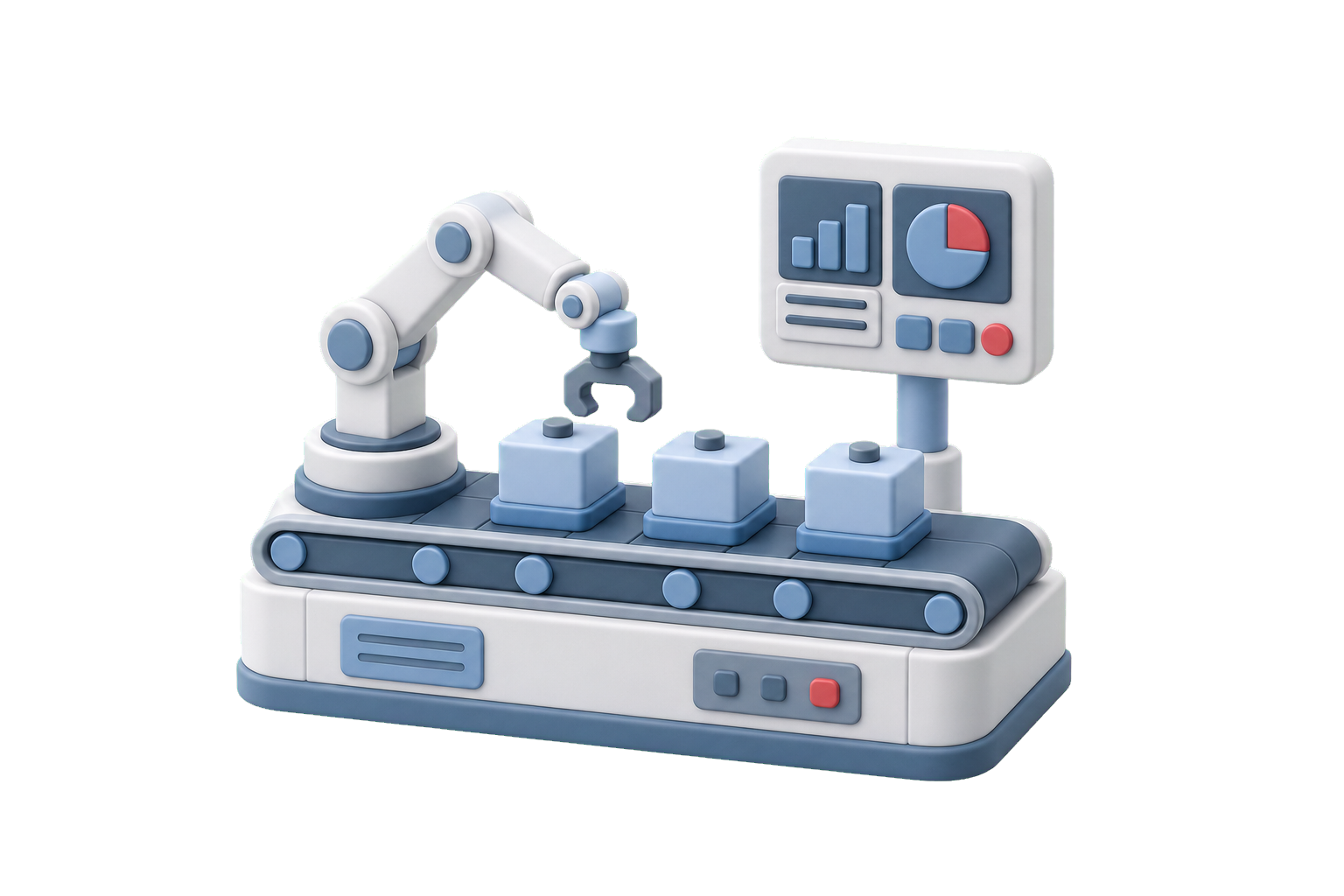 Automated factory cell with conveyor and robotic arm